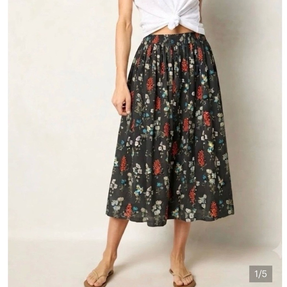 Natural Life Floral Smocked Charcoal Midi Skirt Womens L Boho Cottagecore Hippie